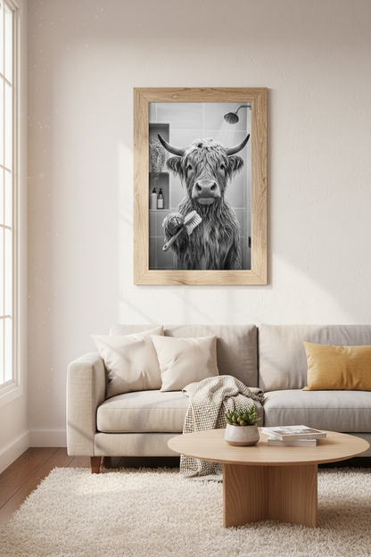 Highland Cow in Shower Wall Art | Funny Bathroom Decor | Black and White Poster