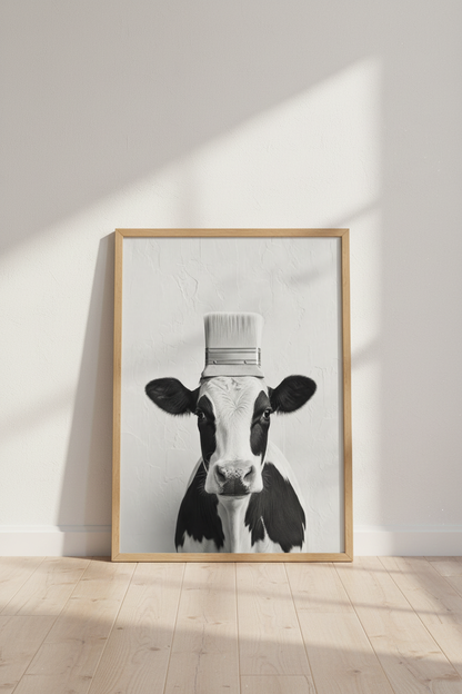 Cow with Paintbrush Hat Wall Art | Black and White Surrealism, Modern Farmhouse Decor