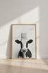 Cow with Paintbrush Hat Wall Art | Black and White Surrealism, Modern Farmhouse Decor