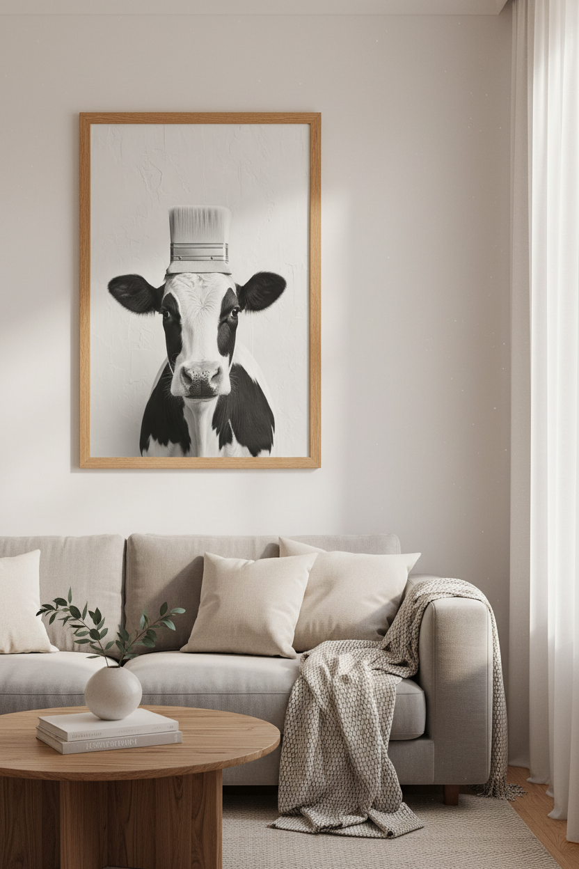 Cow with Paintbrush Hat Wall Art | Black and White Surrealism, Modern Farmhouse Decor