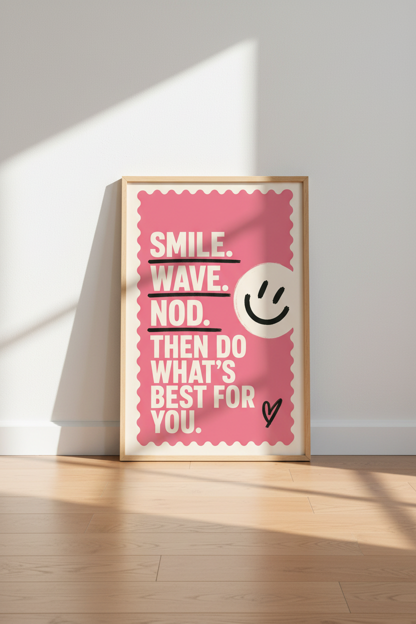 Smile Wave Nod Quote Print | Pink Retro Typography Poster, Aesthetic Room Decor