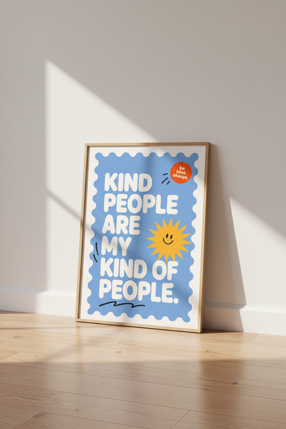 Kind People Quote Wall Art | Blue Retro Smiley Poster, Nursery &amp; Classroom Decor