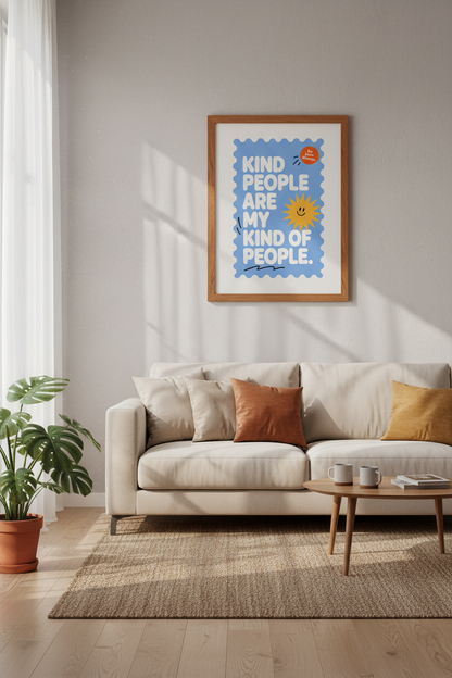Kind People Quote Wall Art | Blue Retro Smiley Poster, Nursery &amp; Classroom Decor