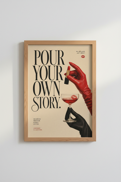 Pour Your Own Story | Bold Red Lipstick Graphic Print, Retro Chic Vanity Decor