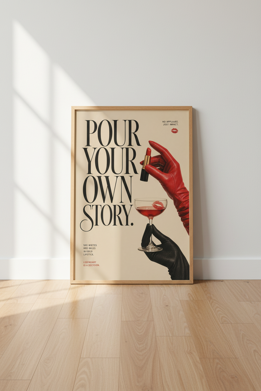 Pour Your Own Story | Bold Red Lipstick Graphic Print, Retro Chic Vanity Decor