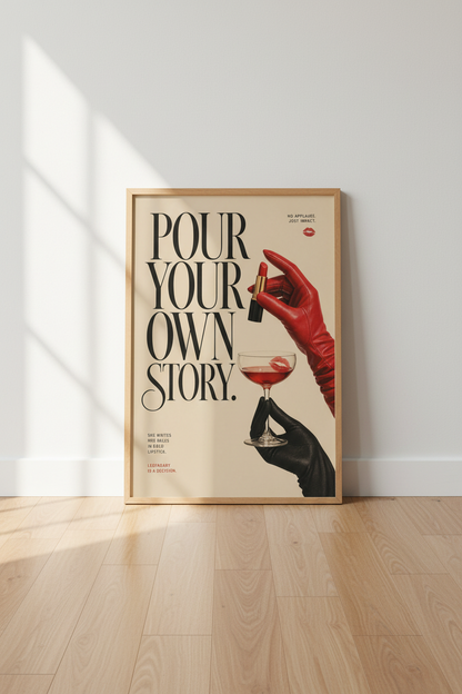 Pour Your Own Story | Bold Red Lipstick Graphic Print, Retro Chic Vanity Decor