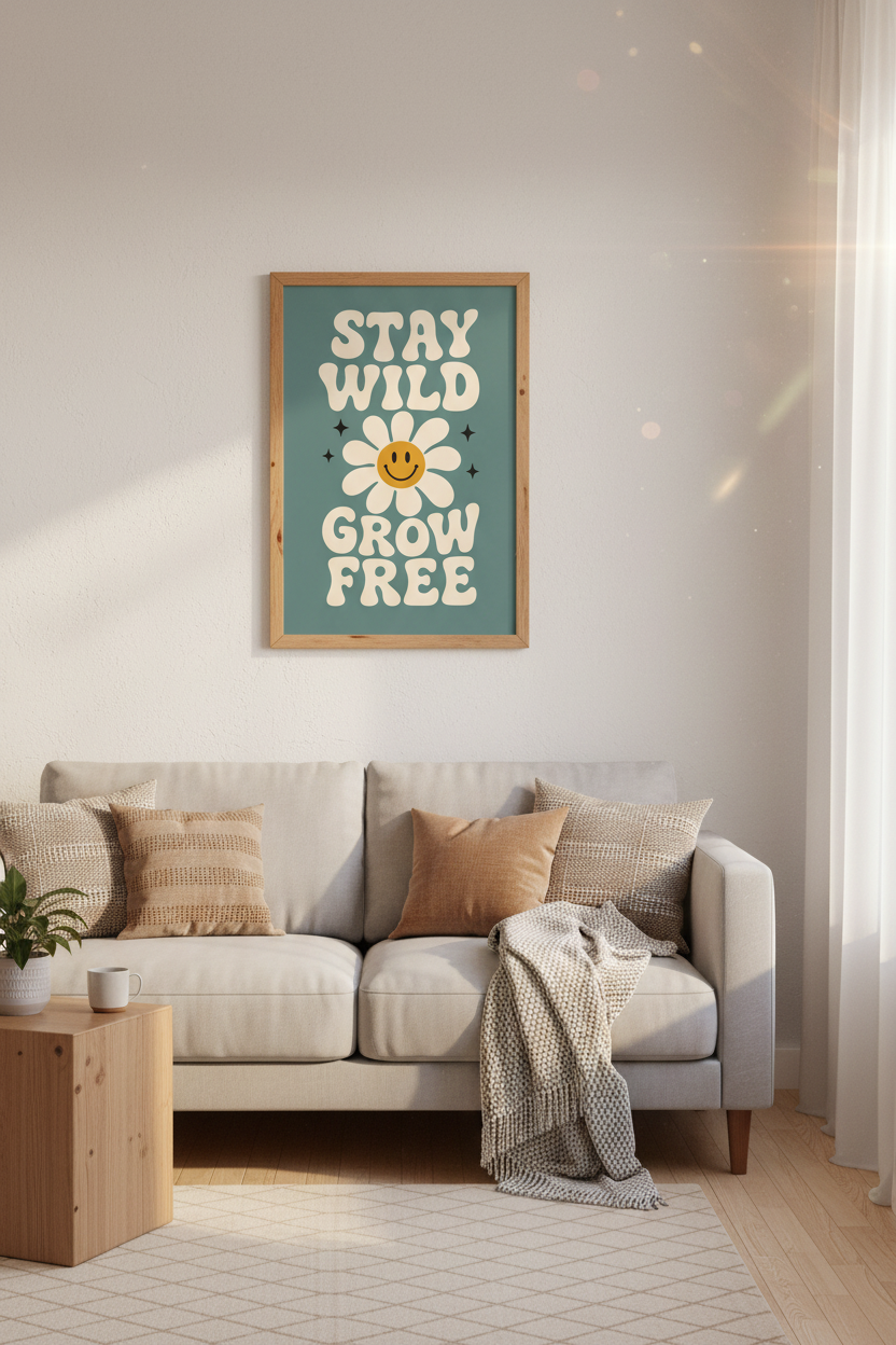 Stay Wild Grow Free Daisy Wall Art | Retro Sage Green Decor | Groovy Boho Poster