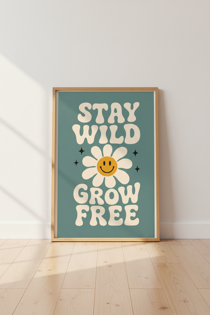 Stay Wild Grow Free Daisy Wall Art | Retro Sage Green Decor | Groovy Boho Poster