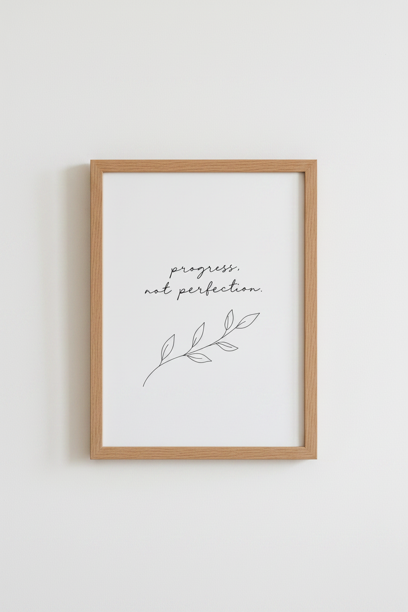 Progress Not Perfection Print | Minimalist Quote Wall Art | Botanical Office Decor