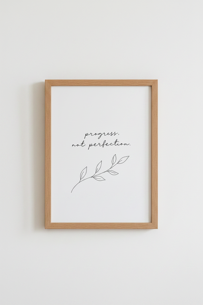 Progress Not Perfection Print | Minimalist Quote Wall Art | Botanical Office Decor