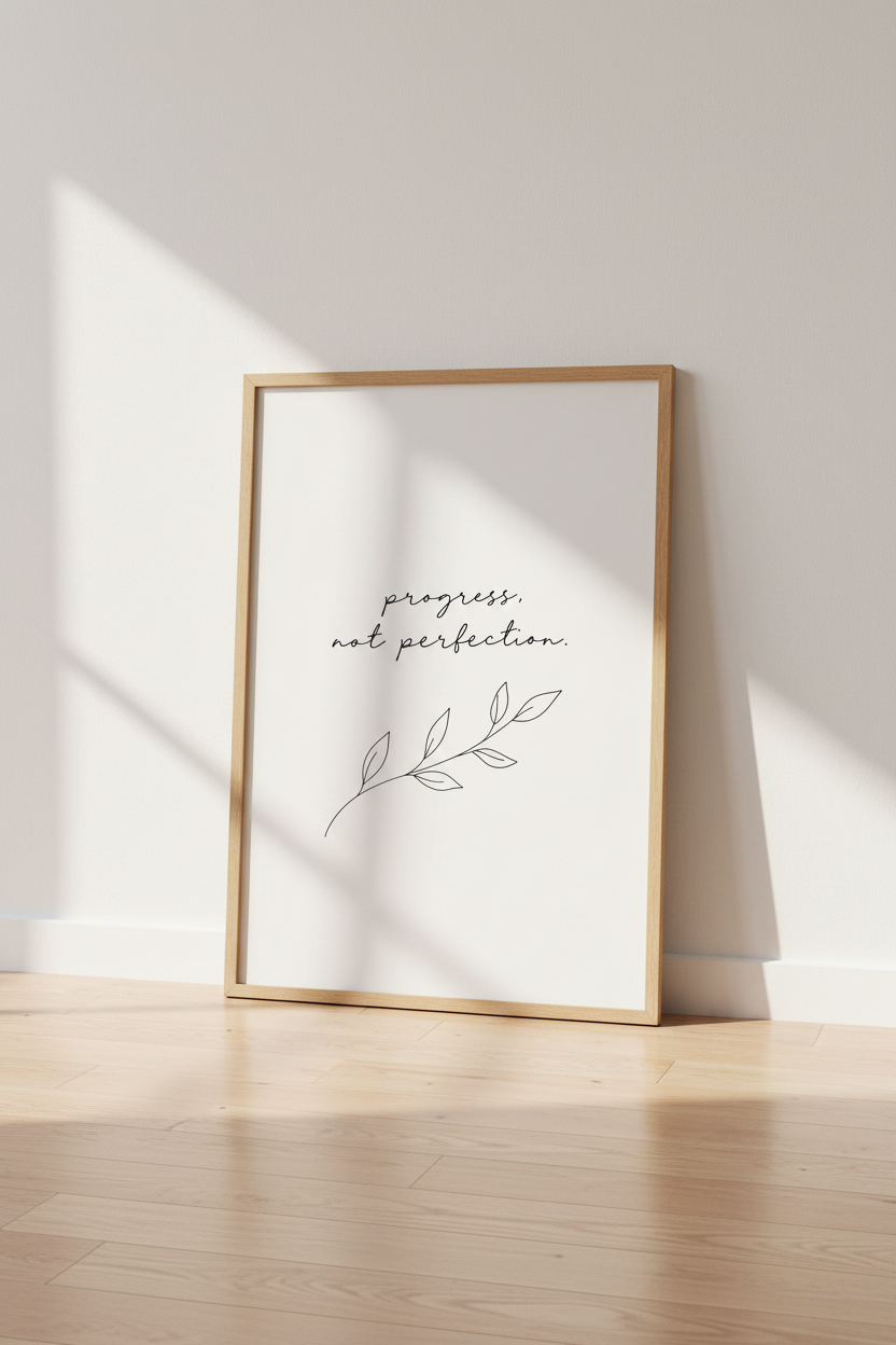 Progress Not Perfection Print | Minimalist Quote Wall Art | Botanical Office Decor