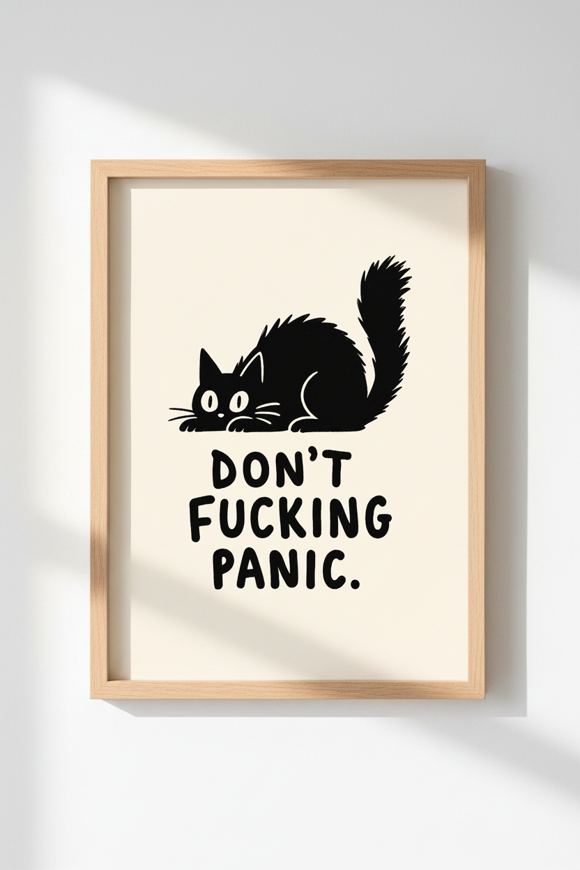 Funny Black Cat Wall Art Print | Office Desk Decor | Minimalist Poster