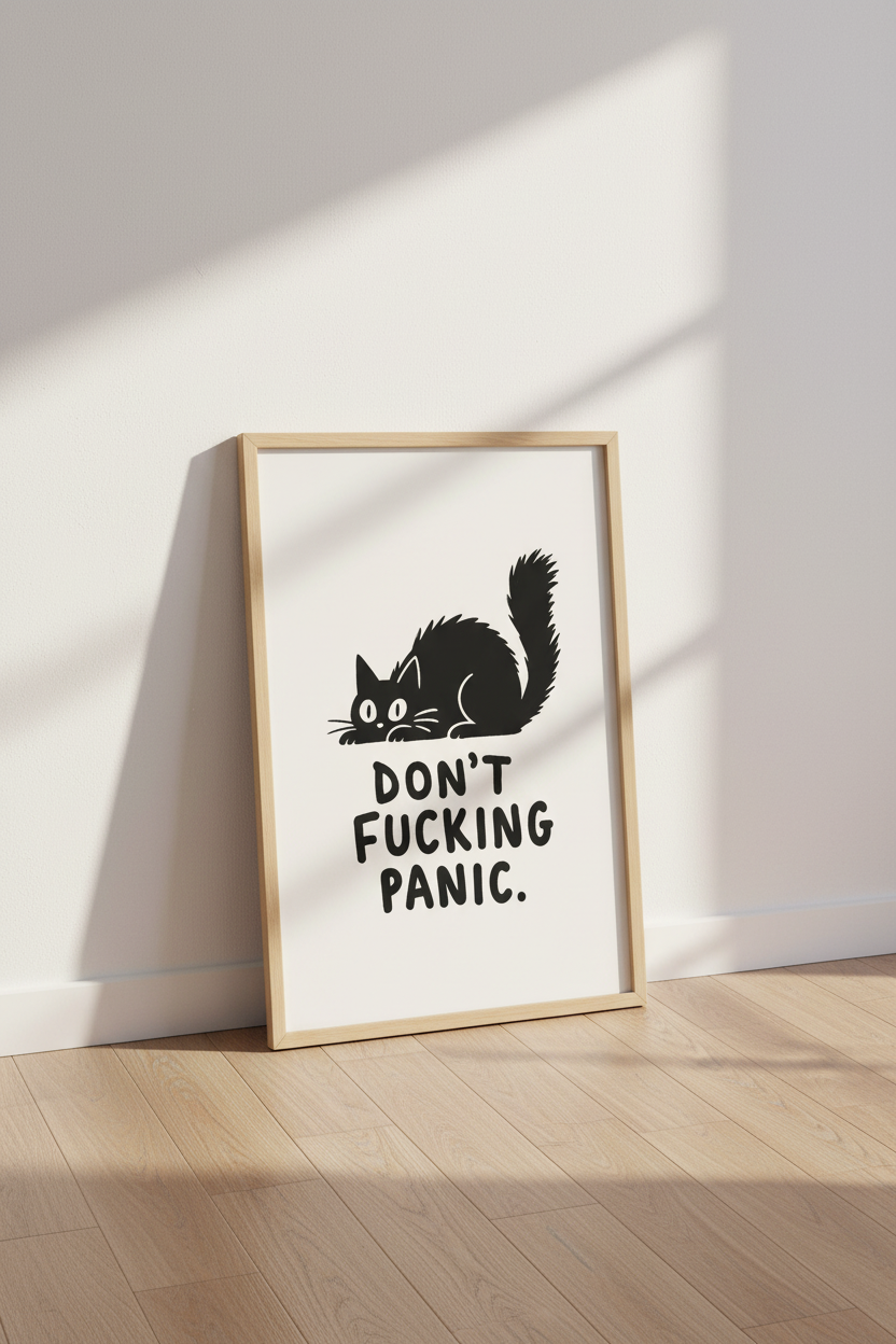 Funny Black Cat Wall Art Print | Office Desk Decor | Minimalist Poster