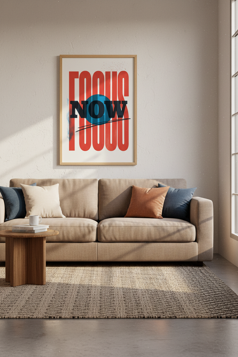 Focus Now Typography Wall Art | Red &amp; Blue Office Decor | Modern Motivational Poster
