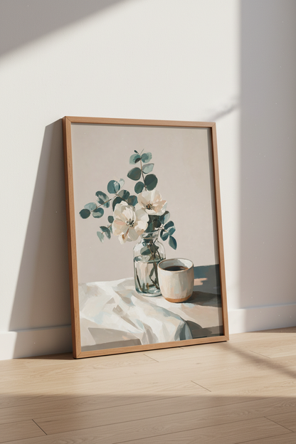Floral Still Life with Coffee Wall Art | Eucalyptus Botanical Print, Kitchen Decor Poster