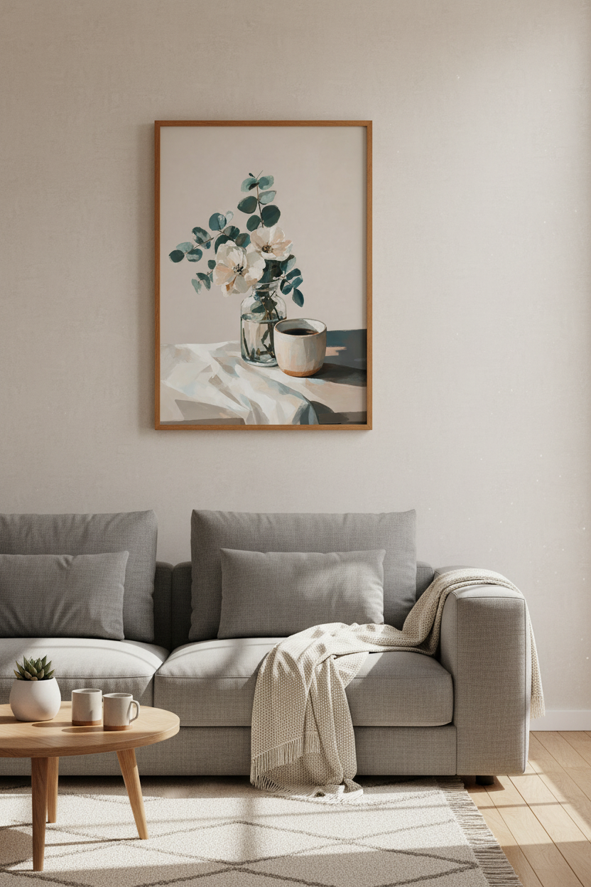 Floral Still Life with Coffee Wall Art | Eucalyptus Botanical Print, Kitchen Decor Poster