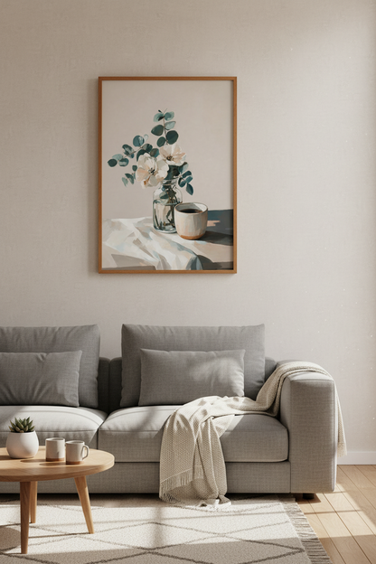 Floral Still Life with Coffee Wall Art | Eucalyptus Botanical Print, Kitchen Decor Poster