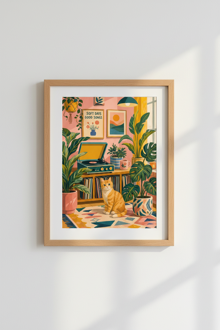Retro Cat Aesthetic Print | Pink Record Player Art, Music &amp; Plant Lover Poster