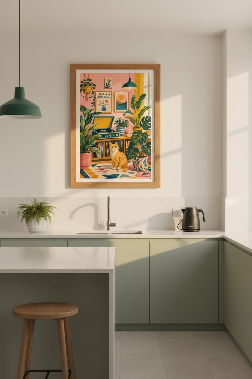 Retro Cat Aesthetic Print | Pink Record Player Art, Music &amp; Plant Lover Poster