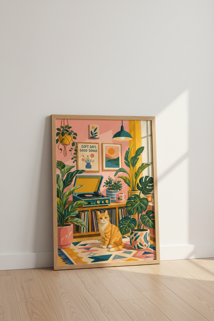 Retro Cat Aesthetic Print | Pink Record Player Art, Music &amp; Plant Lover Poster