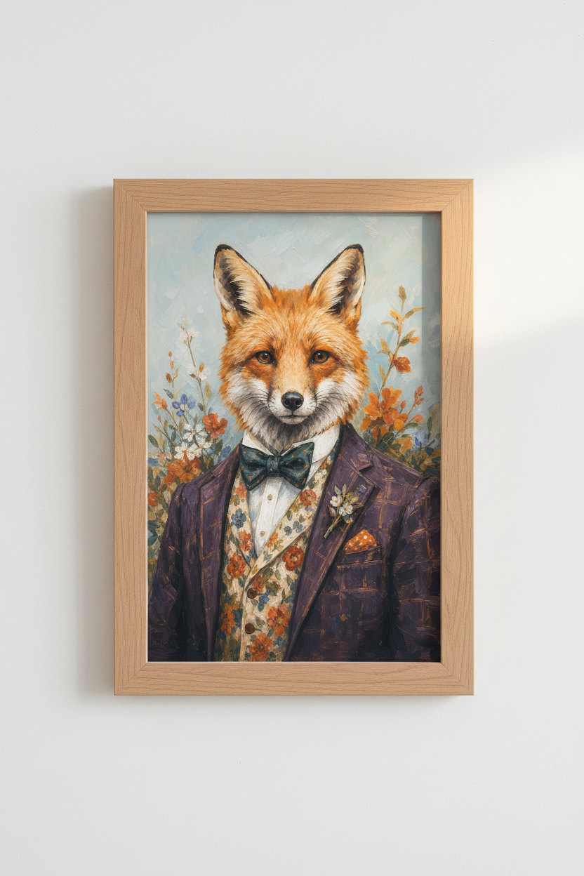 Fox in Suit Wall Art Print | Whimsical Animal Oil Painting, Dapper Home Decor