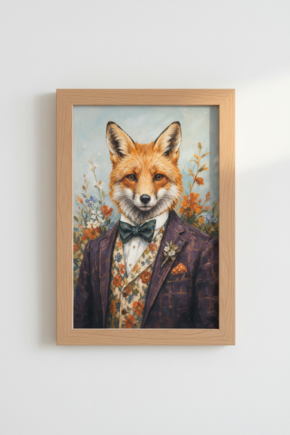 Fox in Suit Wall Art Print | Whimsical Animal Oil Painting, Dapper Home Decor