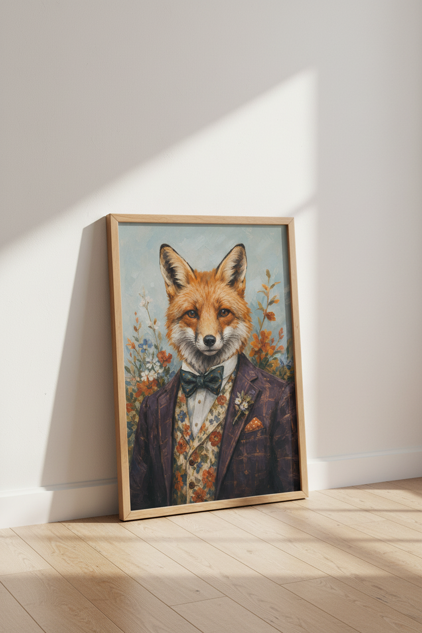 Fox in Suit Wall Art Print | Whimsical Animal Oil Painting, Dapper Home Decor
