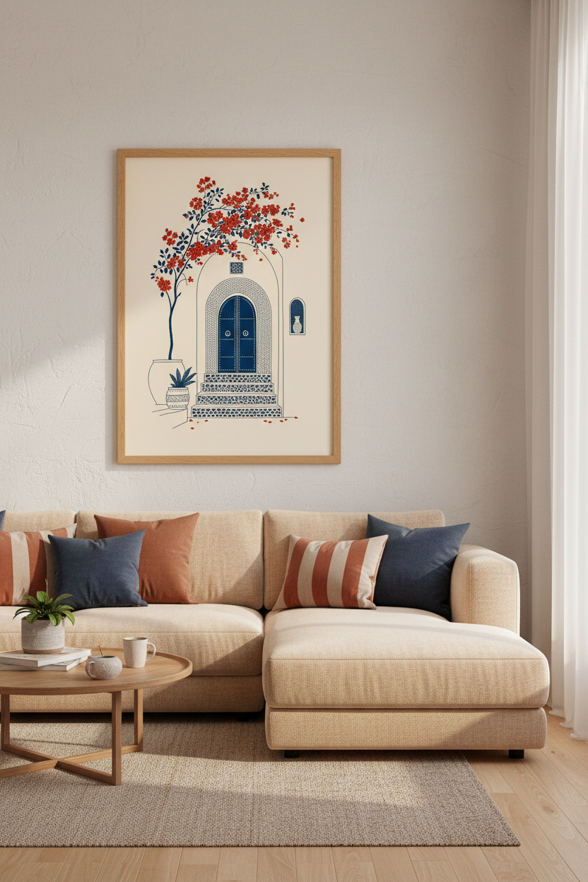 Mediterranean Doorway Wall Art | Navy &amp; Red Floral Decor | Boho Poster