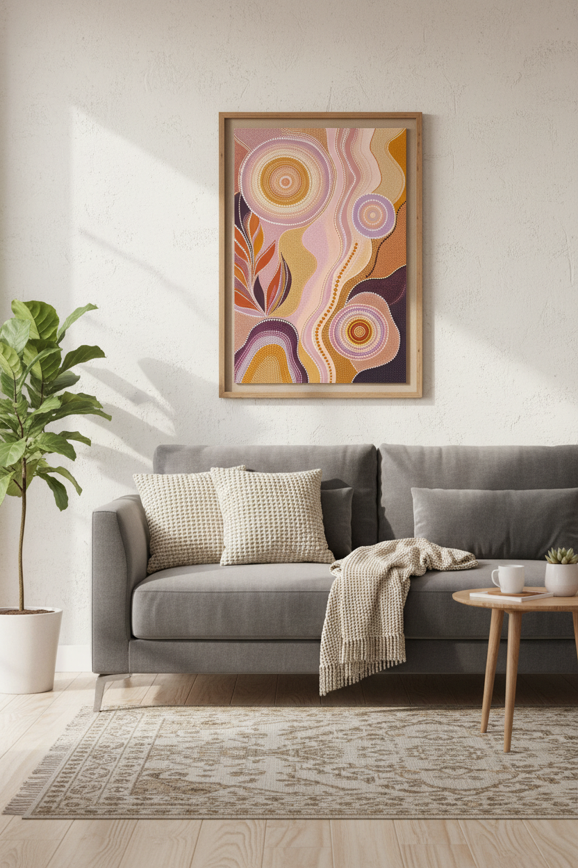 Aboriginal Dot Art | Terracotta &amp; Pink Earthy Tones, Living Room Poster