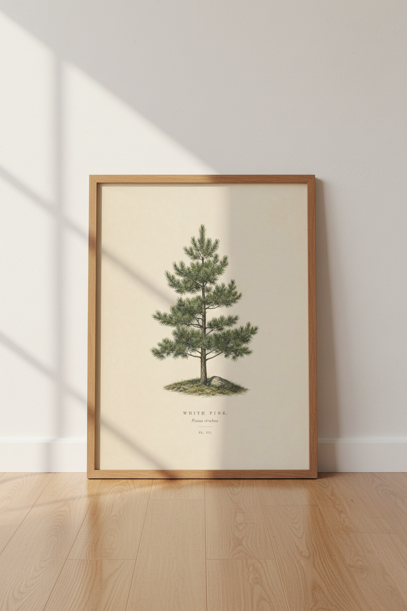 Vintage Botanical Pine Tree Wall Art Print | Living Room Decor | Rustic Poster