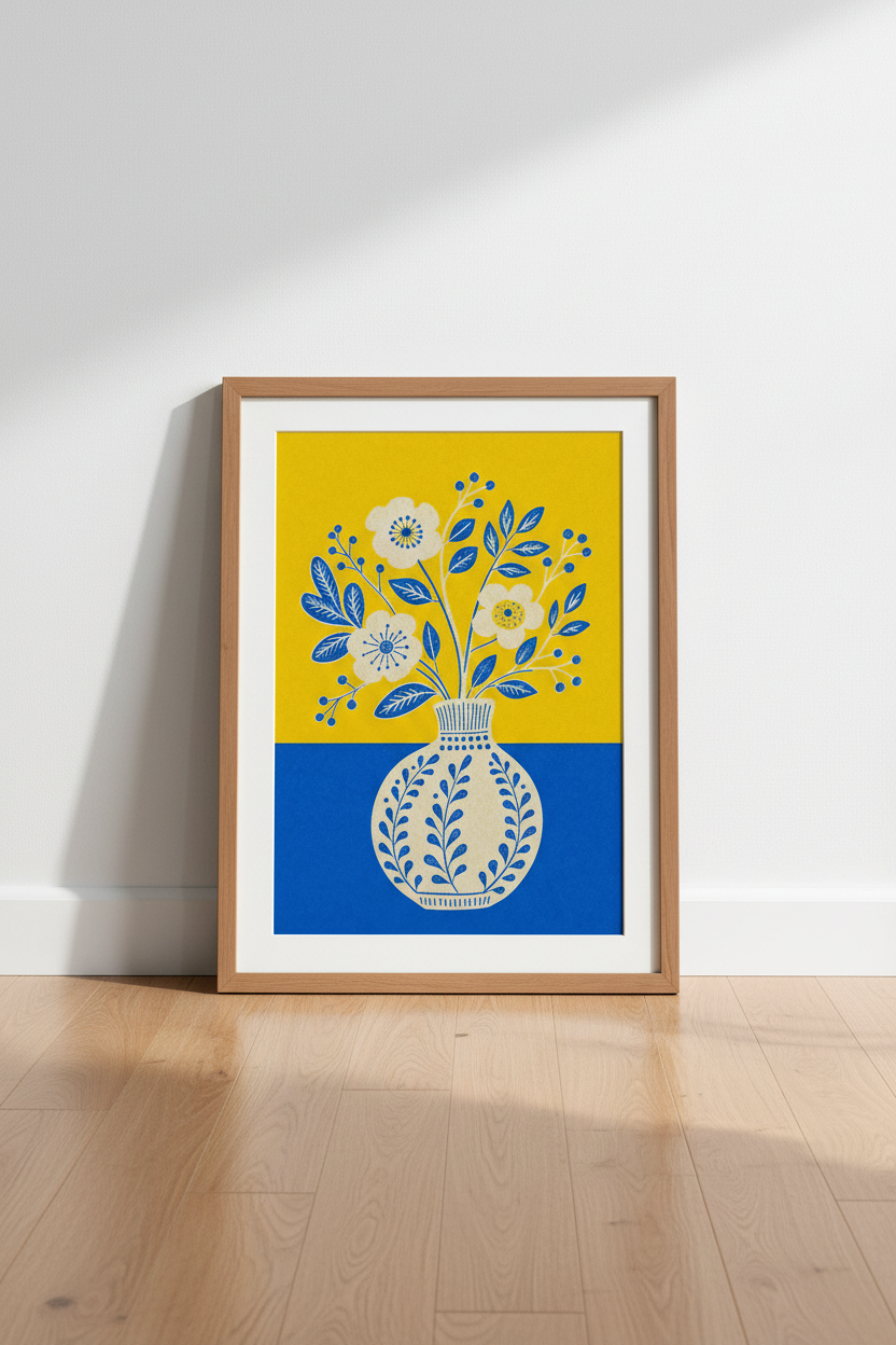 Folk Art Flower Vase Wall Art | Blue &amp; Yellow Botanical Print | Modern Kitchen Decor