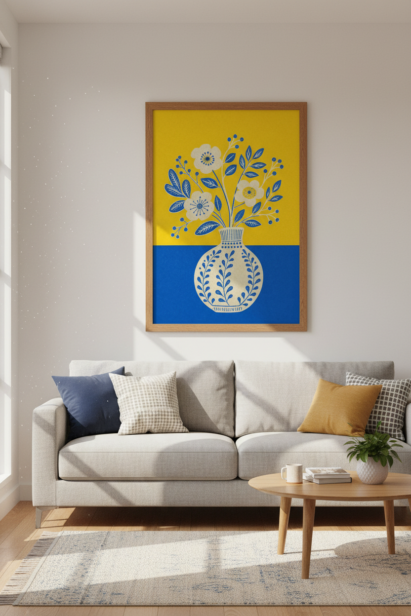 Folk Art Flower Vase Wall Art | Blue &amp; Yellow Botanical Print | Modern Kitchen Decor