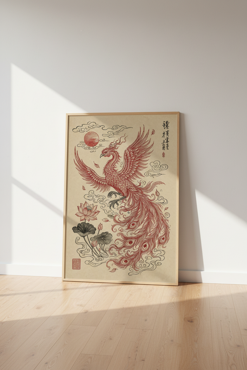 Japanese Phoenix Wall Art | Red Ink Mythology Poster, Zen Home Office Decor