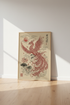 Japanese Phoenix Wall Art | Red Ink Mythology Poster, Zen Home Office Decor