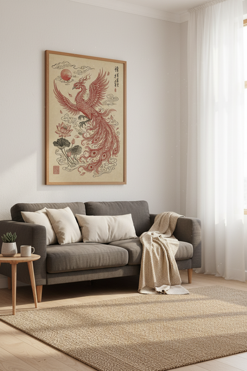 Japanese Phoenix Wall Art | Red Ink Mythology Poster, Zen Home Office Decor