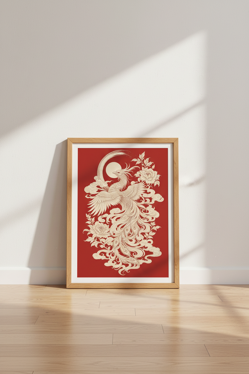 Japanese Phoenix Wall Art | Red &amp; Cream Mythology Poster, Zen Living Room Decor