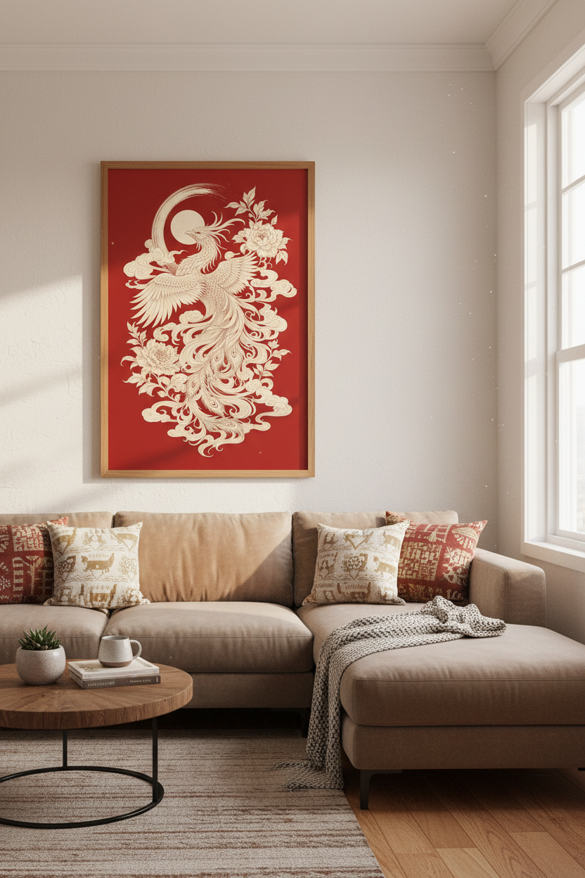Japanese Phoenix Wall Art | Red &amp; Cream Mythology Poster, Zen Living Room Decor