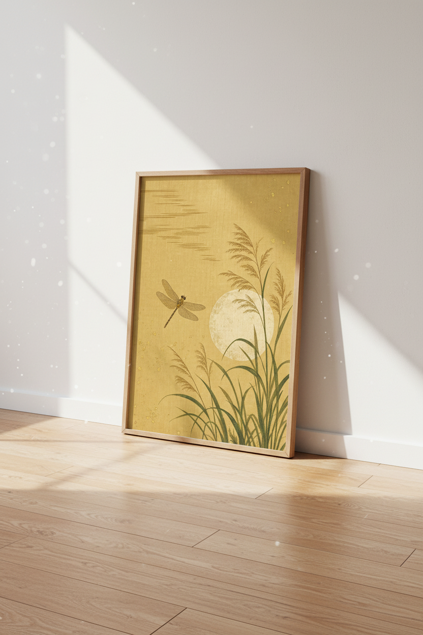 Dragonfly &amp; Pampas Grass Wall Art | Gold Japanese Style Decor | Zen Nature Poster
