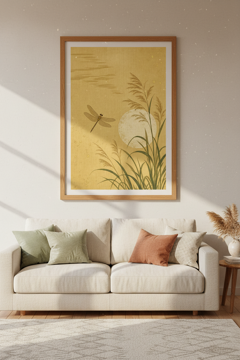 Dragonfly &amp; Pampas Grass Wall Art | Gold Japanese Style Decor | Zen Nature Poster