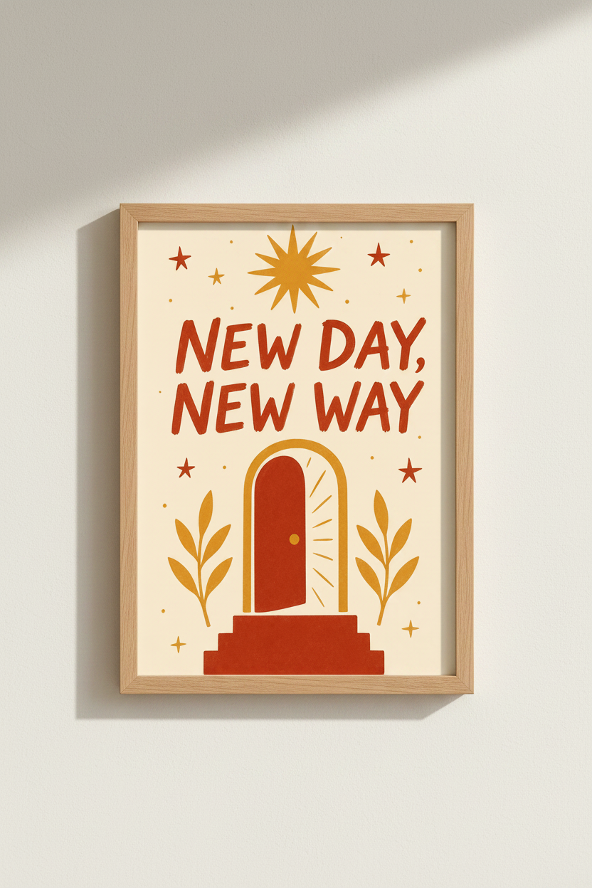 Mid-Century Poster | Warm Sunset Tones, Door Motif, Living Room Decor