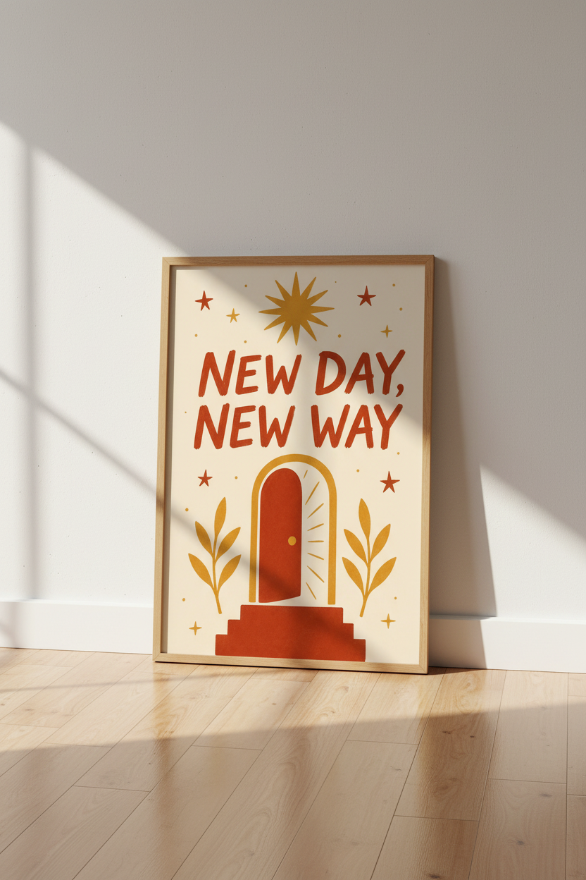 Mid-Century Poster | Warm Sunset Tones, Door Motif, Living Room Decor