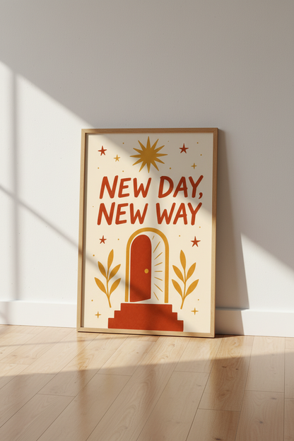 Mid-Century Poster | Warm Sunset Tones, Door Motif, Living Room Decor