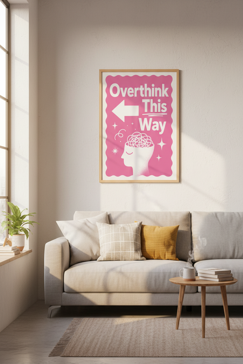 Overthink This Way Wall Art Print | Pink Dorm Decor | Retro Mental Health Poster