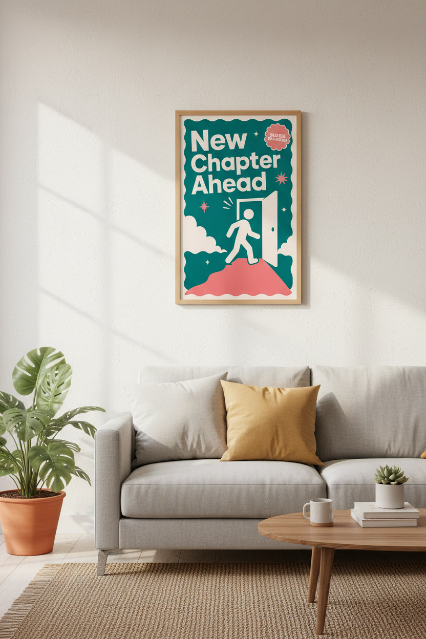 New Chapter Ahead Quote Print | Retro Teal &amp; Pink Motivation, Office Decor