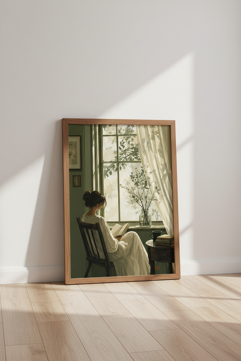 Reading by Window Art | Sage Green Cozy Aesthetic, Bedroom &amp; Library Poster