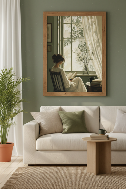 Reading by Window Art | Sage Green Cozy Aesthetic, Bedroom &amp; Library Poster