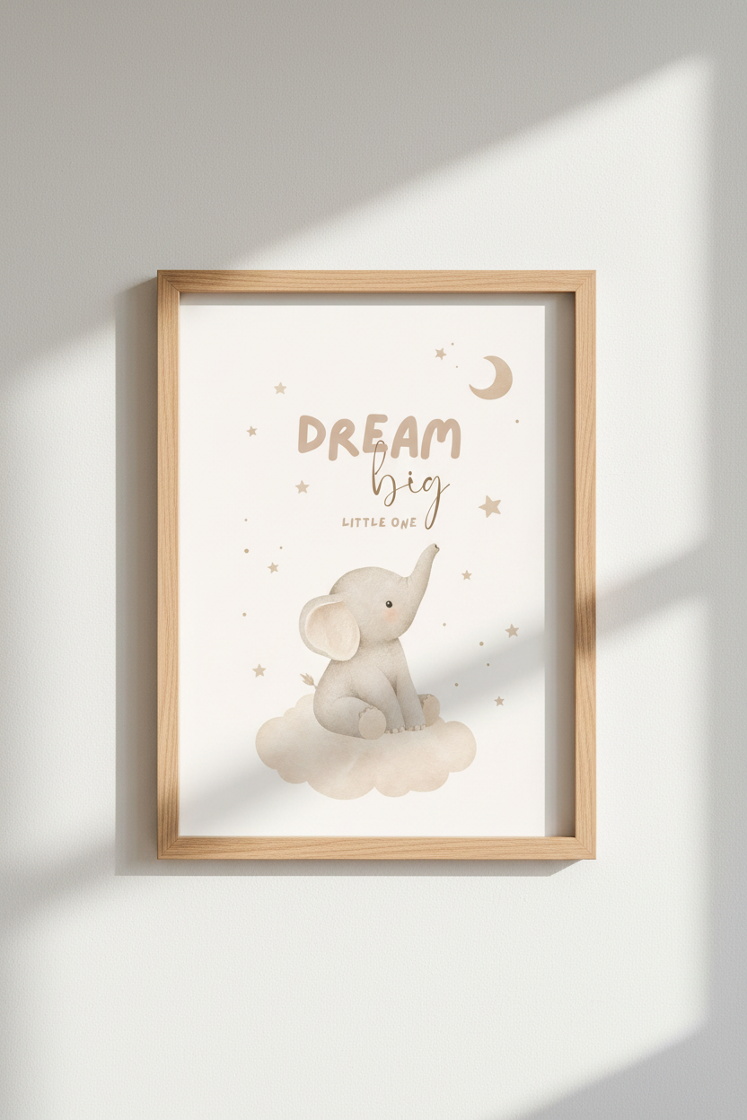 Watercolor Elephant Wall Art | Neutral Nursery Decor, Dream Big Little One Poster