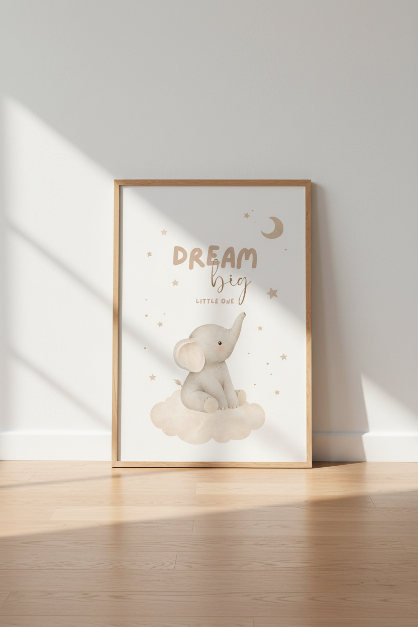 Watercolor Elephant Wall Art | Neutral Nursery Decor, Dream Big Little One Poster