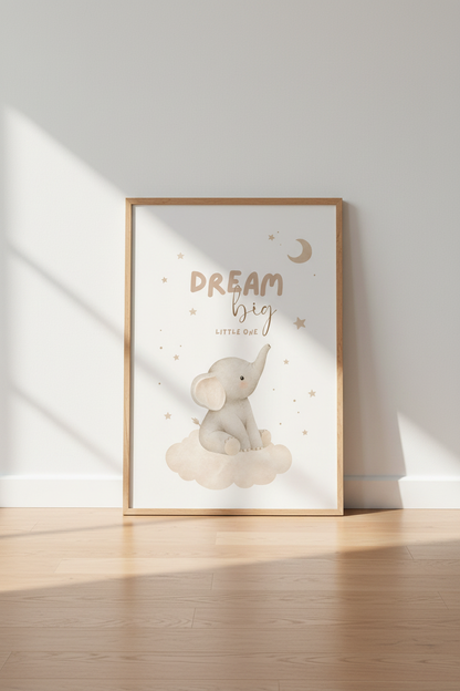 Watercolor Elephant Wall Art | Neutral Nursery Decor, Dream Big Little One Poster