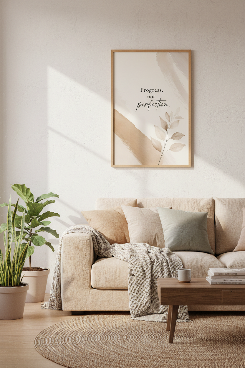 Progress Not Perfection Quote Wall Art | Neutral Beige Boho Decor | Minimalist Poster